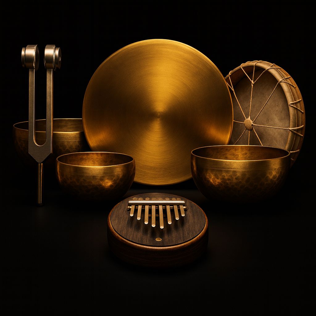 Collection complète d'instruments de Sonothérapie - Diapasons thérapeutiques, Bols Tibétains, Gong, Tambour chamanique